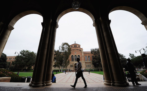 LOS ANGELES, CA - APRIL 23: A student walks near Royce Hall on the campus of UCLA on April 23, 2012 in Los Angeles, California. According to reports, half of recent college graduates with bachelor's degrees are finding themselves underemployed or jobless. (Photo by Kevork Djansezian/Getty Images)