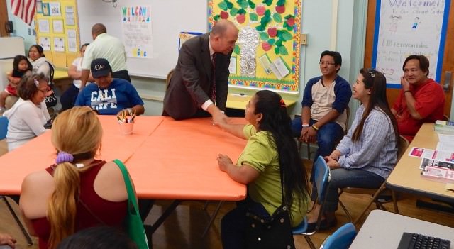 Steve Zimmer greets parents at Vine Street Elementary